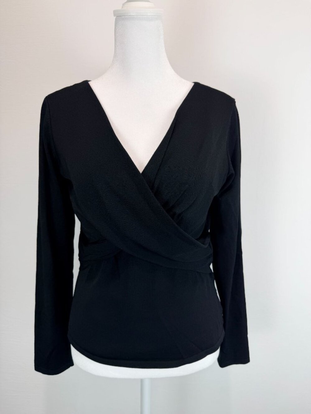 Talbots Petites Black Wrap Top Women Size S Long Sleeve Stretch Blouse